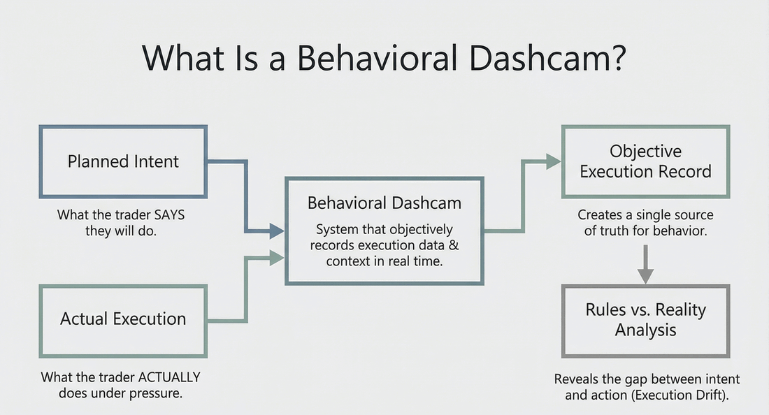 Diagram illustrating a behavioral dashcam recording trader execution decisions during a trade.