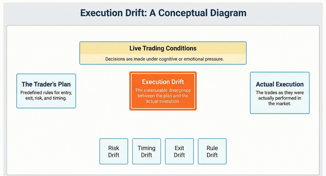 Diagram showing execution drift as the gap between a planned trade and actual execution behavior.