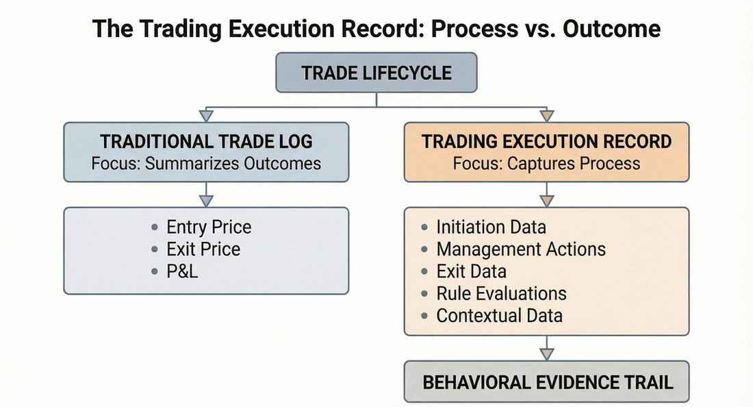 Diagram showing a trading execution record as a structured capture of the trade lifecycle process versus outcome.